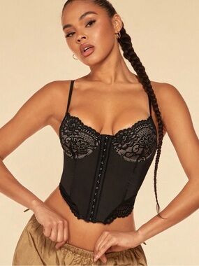 SHEIN Black Lace Longline Hook-Front Bustier Top